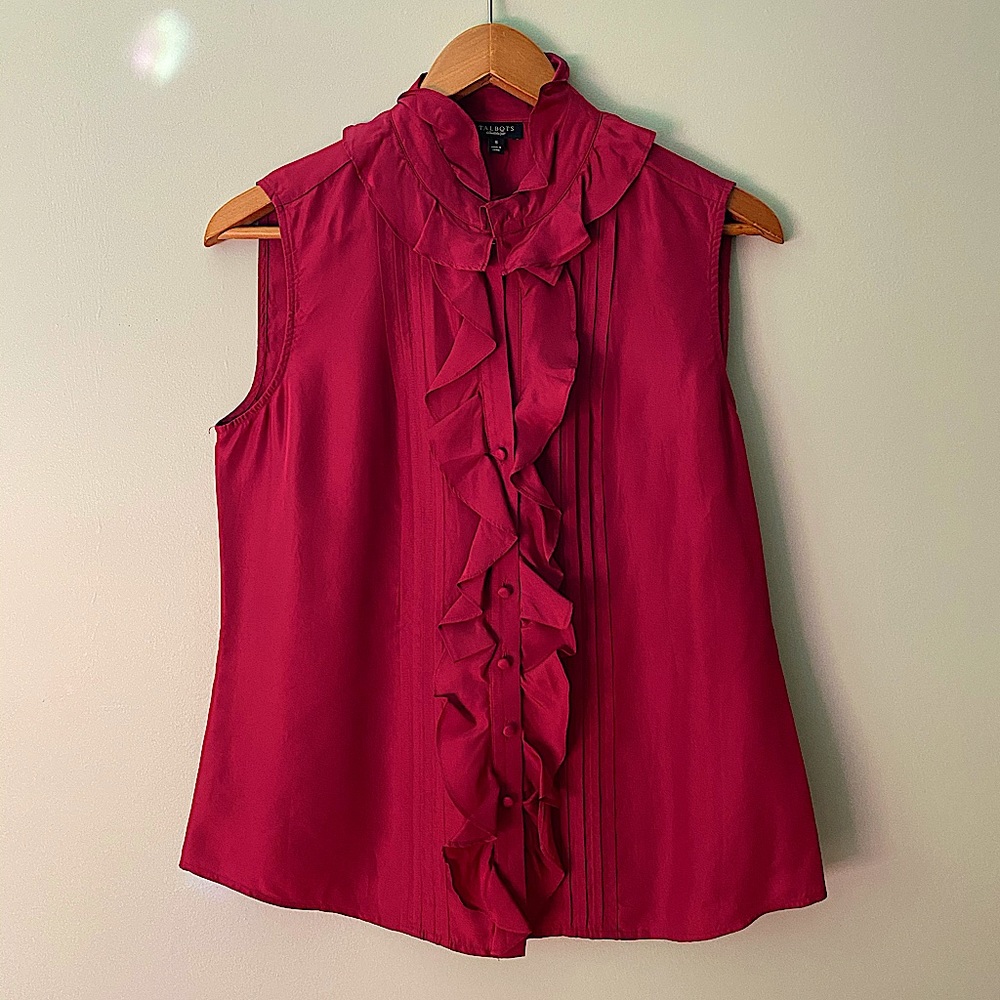 100% Silk Maroon Talbots Ruffle button-down Blouse
